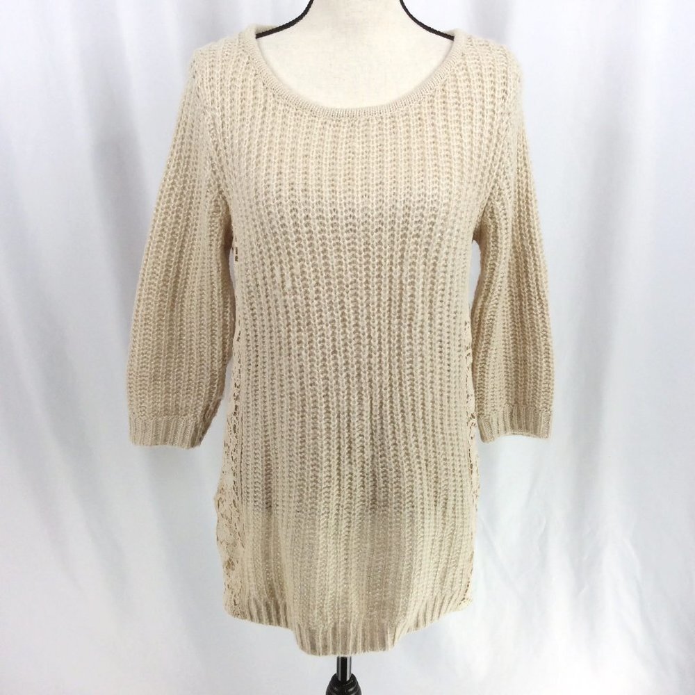 LC Lauren Conrad Tunic Sweater‎ Womens Size Large Beige Lace Crochet Ribbed